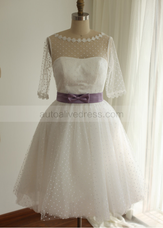 Polka Dots Tulle Elbow Sleeves Tea Length Wedding Dress